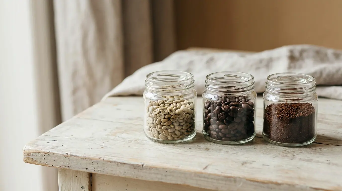 Three small glass jars on a pale wooden surface holding green coffee beans, roasted beans and ground coffee, lit by soft side daylight, with generous empty space around them