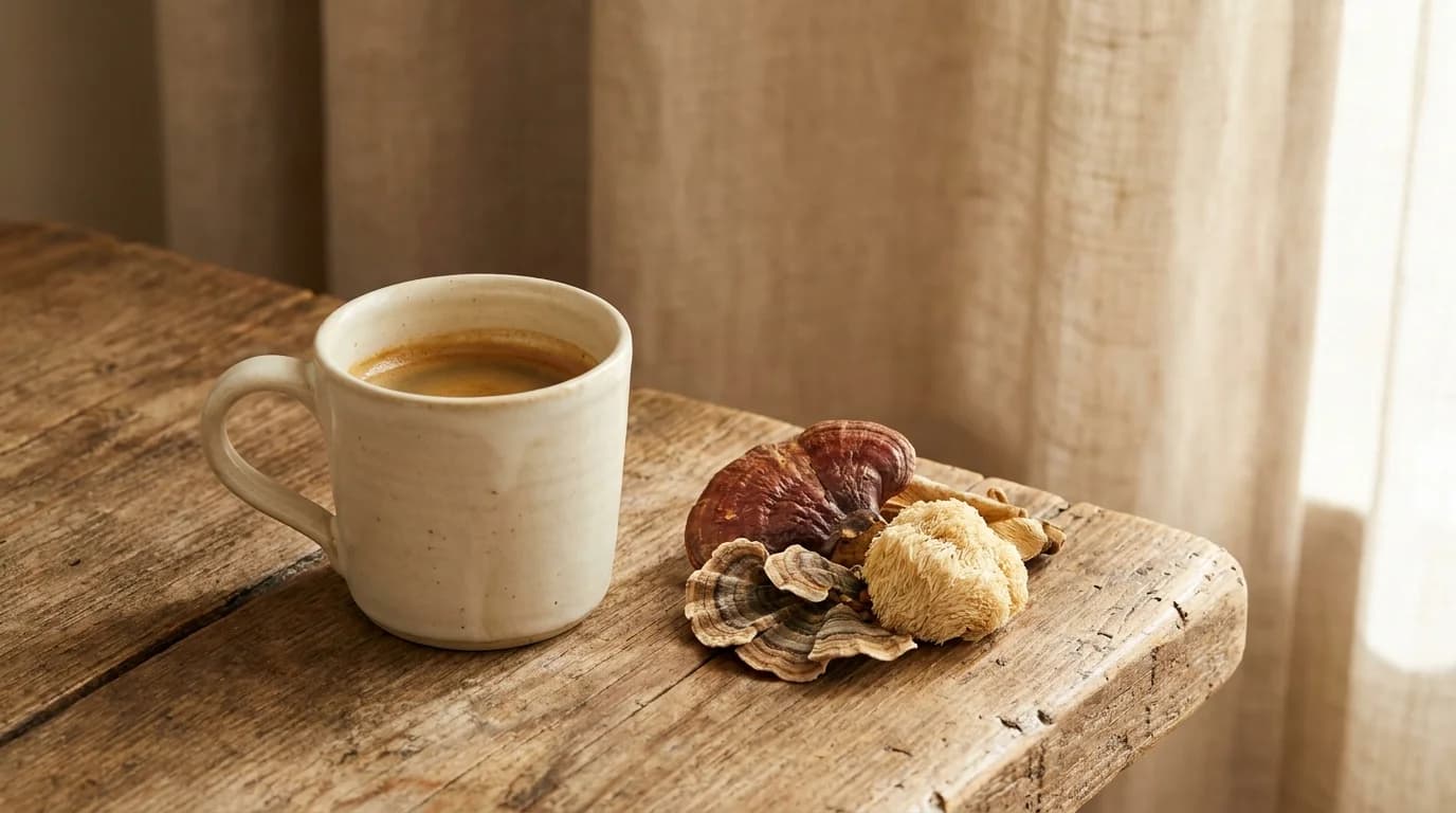 A ceramic mug of dark coffee beside a small cluster of dried functional mushroom pieces on a rustic wooden surface with soft warm daylight