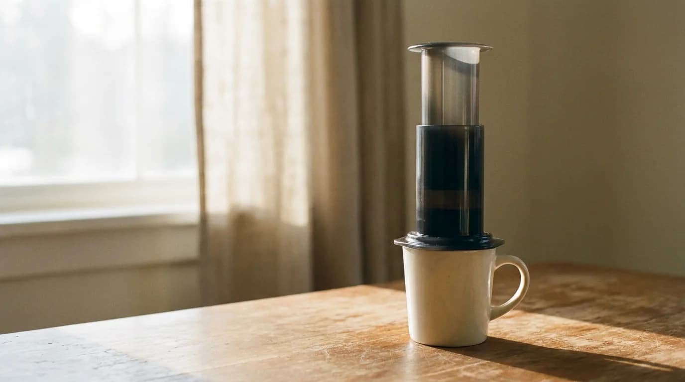 A black AeroPress brewer on top of a white ceramic mug on a bare wooden surface, soft morning window light from the left, minimalist composition
