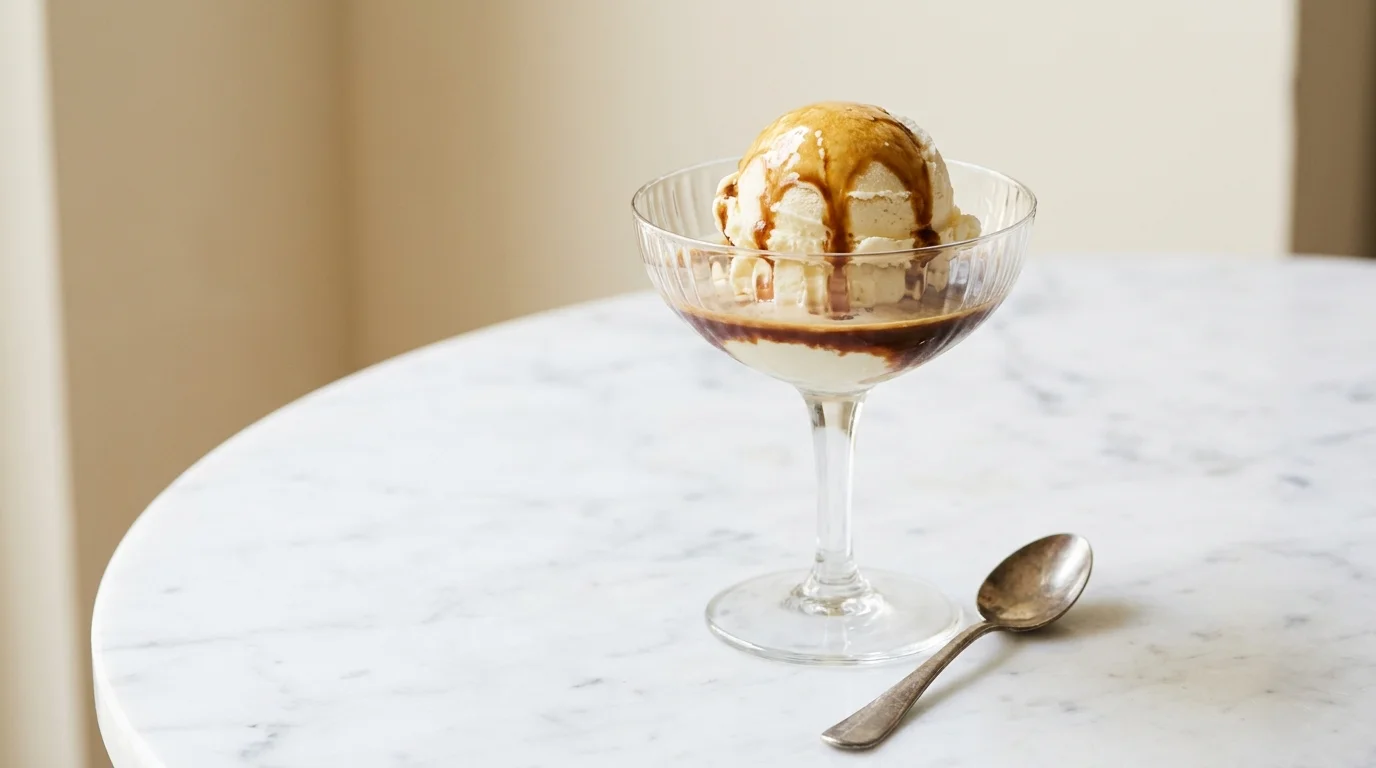 A clear glass coupe holding a scoop of vanilla gelato with dark espresso freshly poured over it, melting streaks visible, small spoon beside the glass on a marble surface in soft daylight