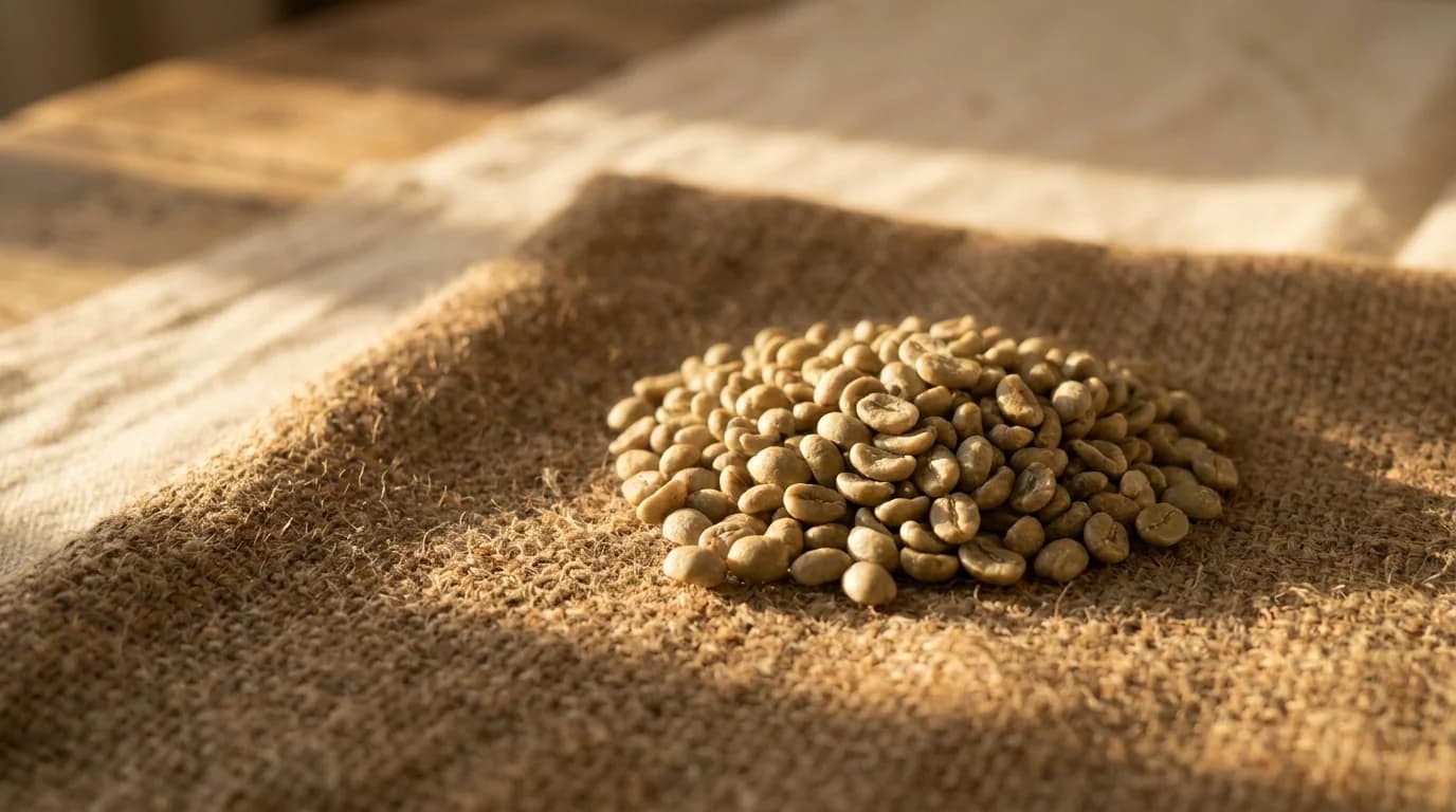 A small pile of oval-shaped green unroasted arabica coffee beans on a rough hand-woven brown textile with warm afternoon daylight, minimalist earthy composition