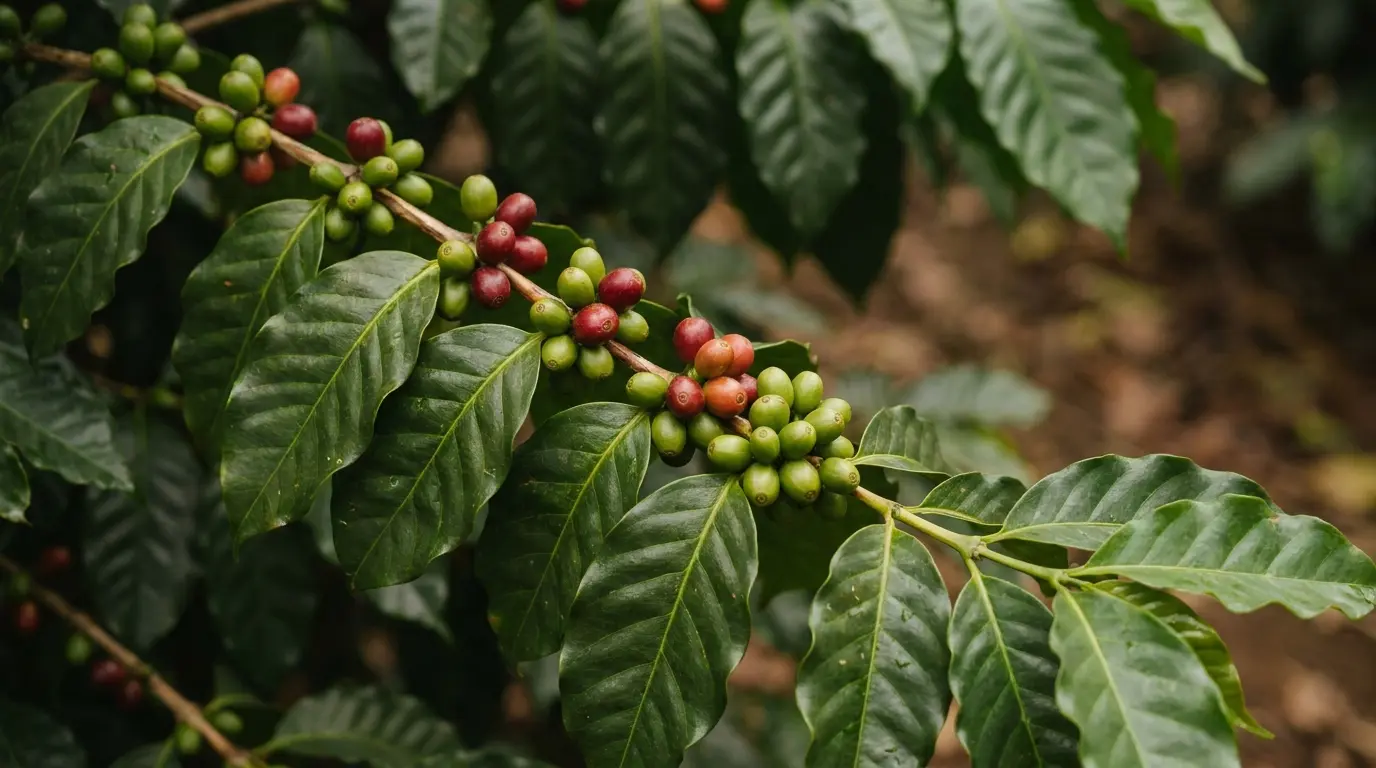 Close-up of a coffee branch with clusters of green and ripening red cherries against dark glossy leaves, shot in soft natural light