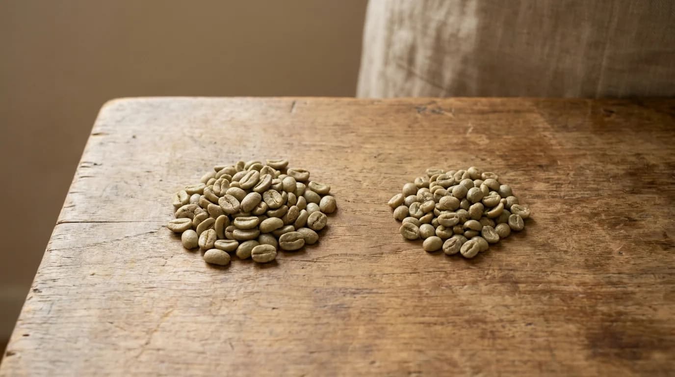 A rustic wooden surface with two small piles of green (unroasted) coffee beans side by side — larger, oval arabica on the left and smaller, rounder robusta on the right — soft daylight from above