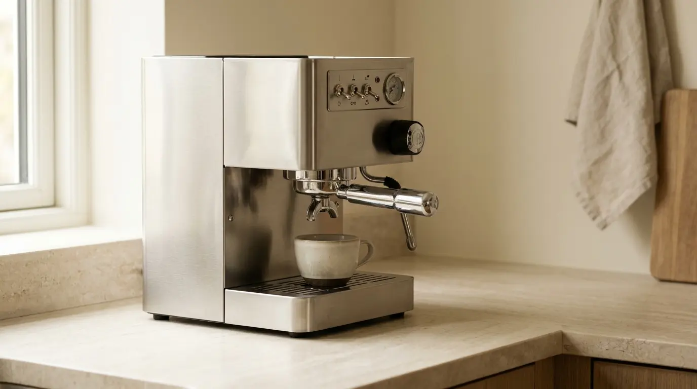 A compact square-bodied espresso machine in brushed steel with a small control panel and a chrome portafilter, on a pale stone counter in soft window light, one espresso cup beneath