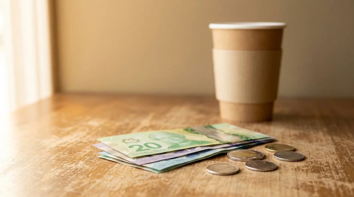 A barista in a white apron counting a small stack of bills on a café counter, warm morning light, clean minimal composition, no faces visible