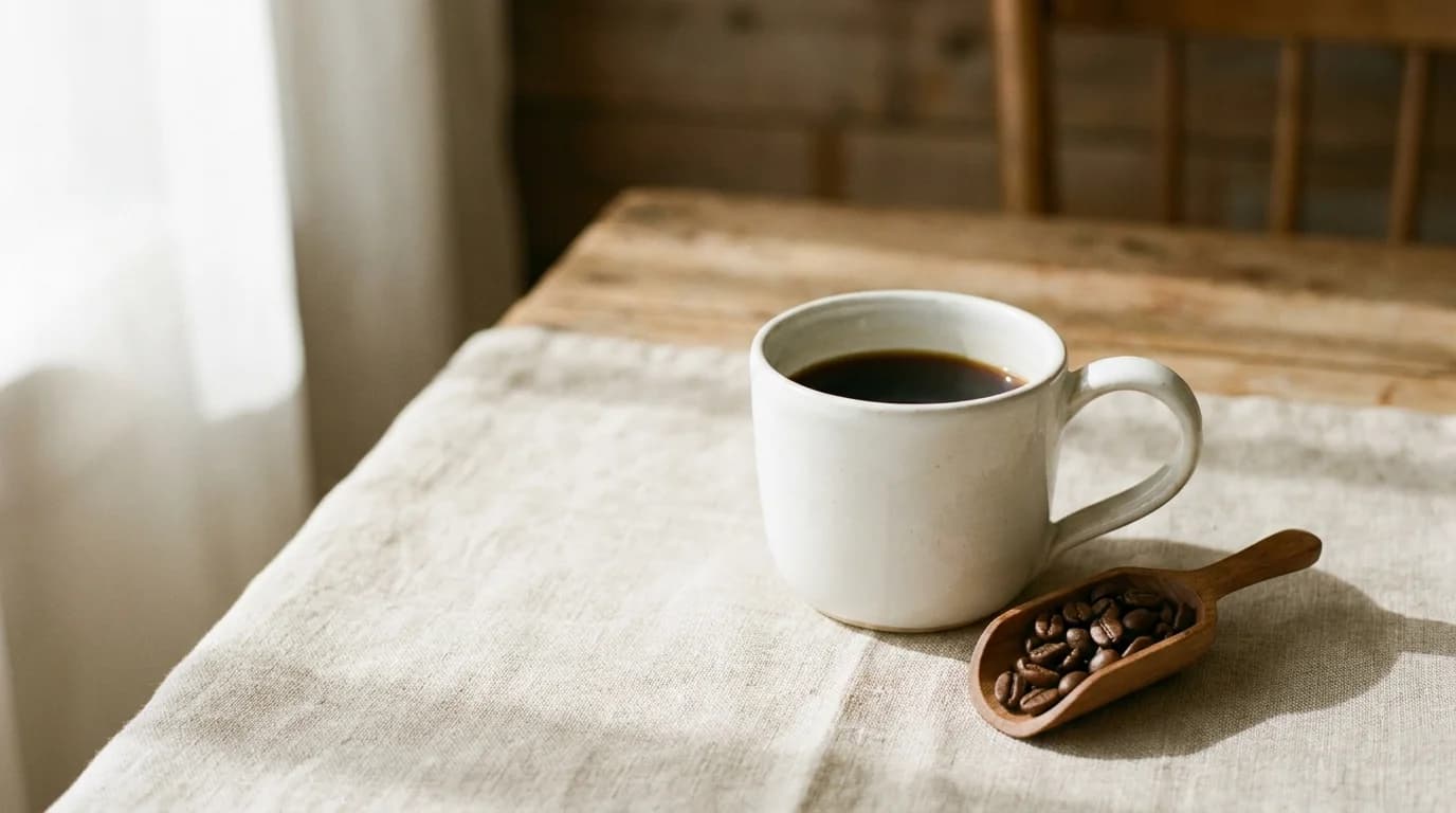 A single white ceramic mug of dark coffee on a bare warm linen surface with a small scoop of whole decaf coffee beans beside it, soft neutral daylight from the left