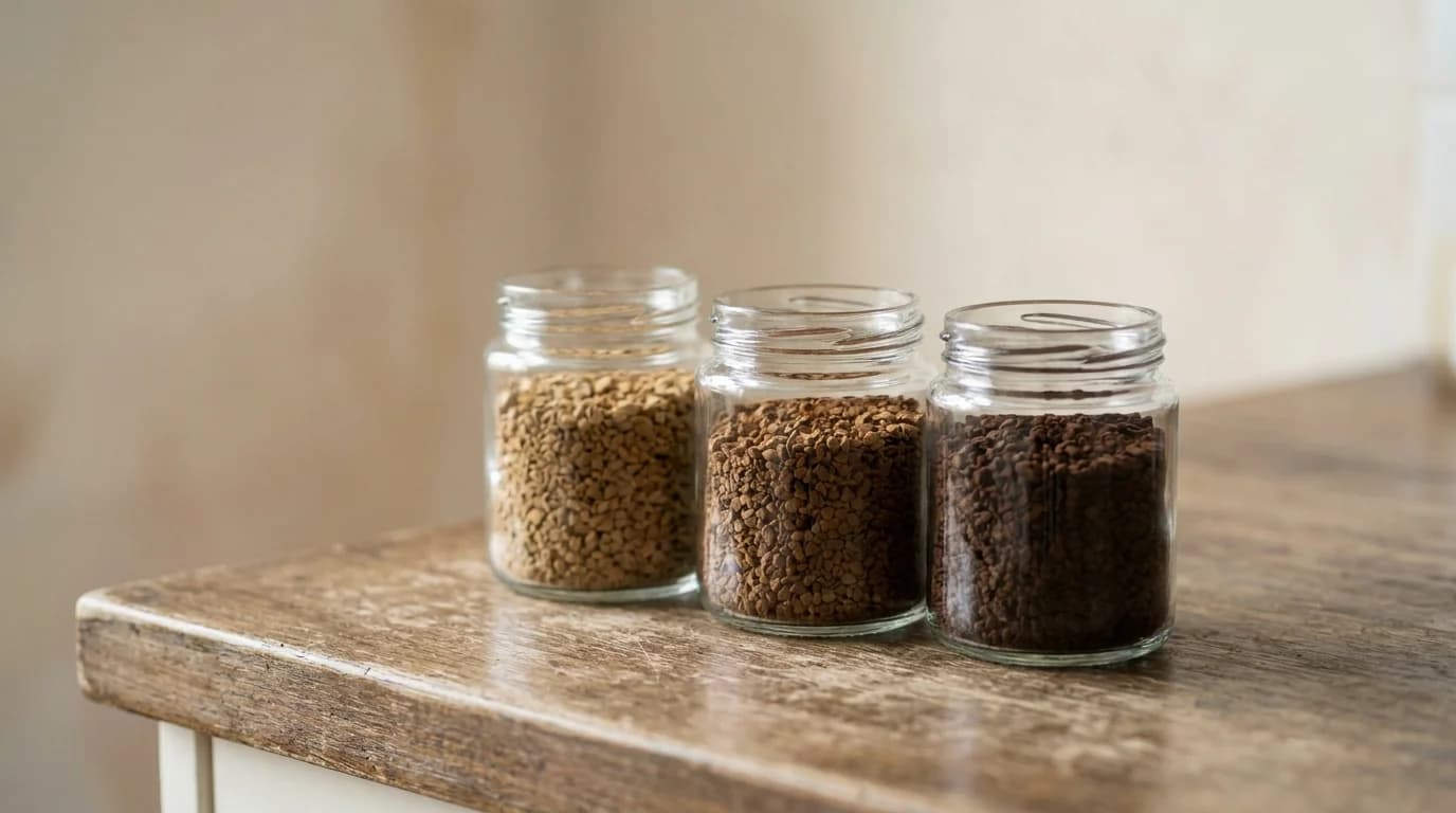 Three small unlabelled glass jars of freeze-dried instant coffee granules of slightly different colours arranged in a row on a bare wooden countertop, soft even daylight