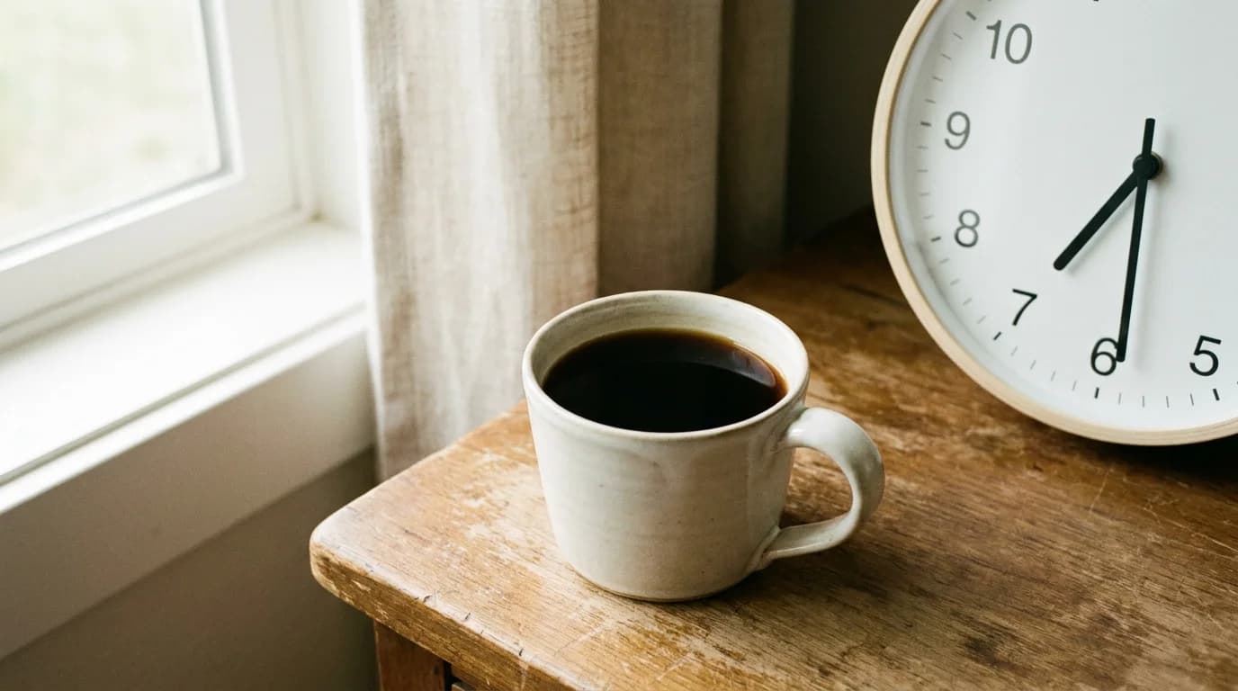 A ceramic mug of black coffee on a wooden desk beside an analogue clock face showing morning time, soft window light from the left, minimal composition