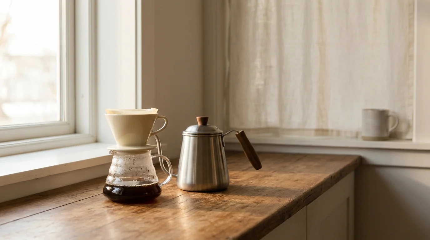 A gooseneck kettle beside a pour-over dripper and glass carafe on a bare wooden countertop, soft warm morning window light, minimalist composition