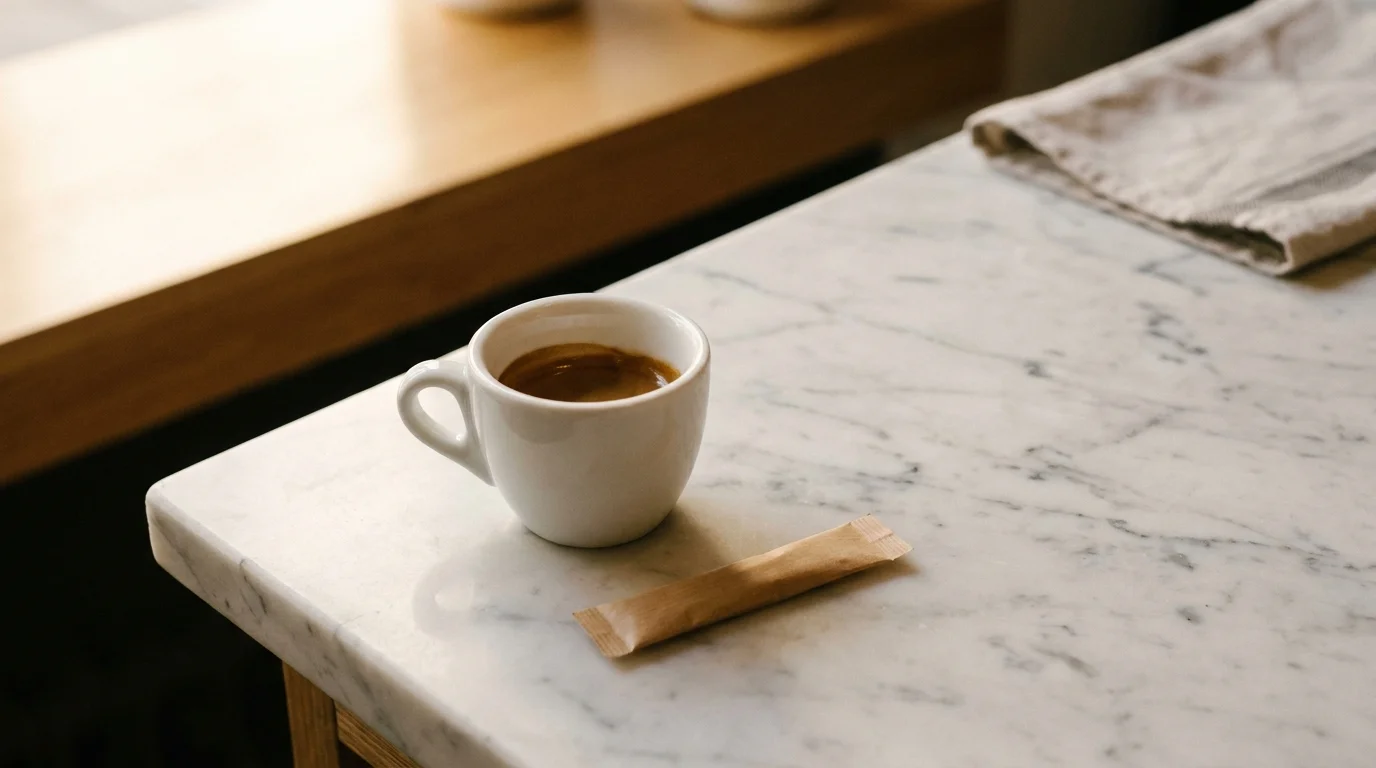 A small white ceramic espresso cup on a marble café counter with dark espresso visible, a paper sugar packet beside it, warm incandescent light from the left, minimal composition