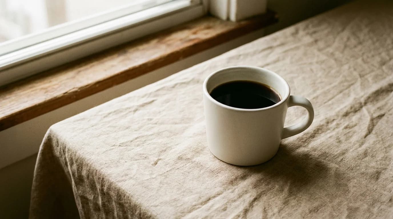 On a bare wooden surface, a white ceramic mug of black coffee on a bare linen surface, warm morning window light from the left, minimalist composition