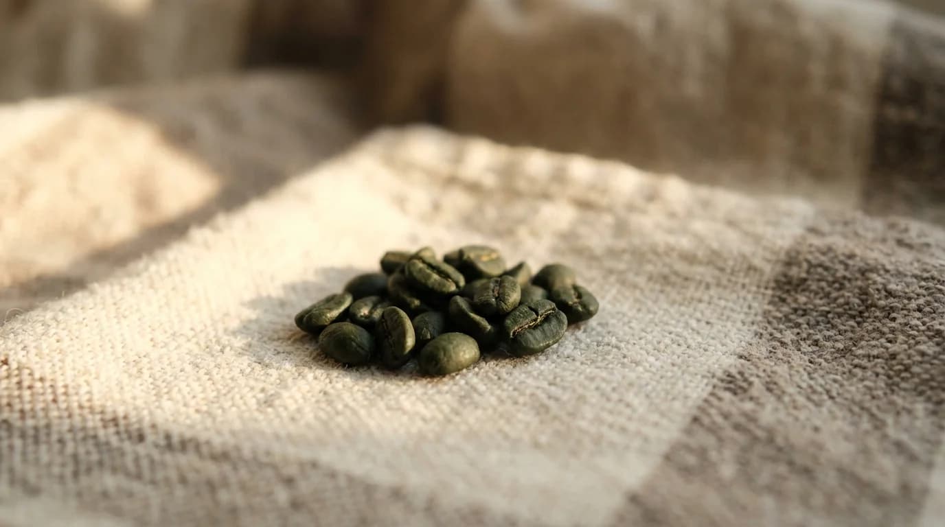 A small pile of very dark unroasted coffee beans on a rough hand-woven textile with warm afternoon daylight, minimalist earthy composition