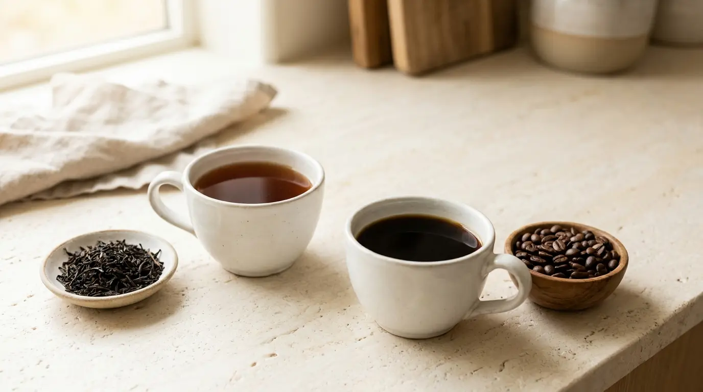 Two white cups on a pale stone counter, one of brewed black tea and one of black coffee, with a dish of loose black tea leaves beside one and whole roasted coffee beans beside the other