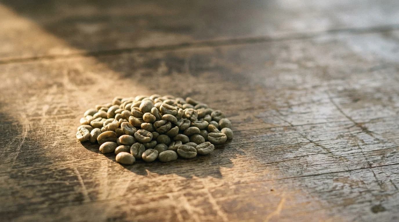 A small pile of green unroasted coffee beans on a rough hand-woven textile with warm afternoon daylight, minimalist earthy composition