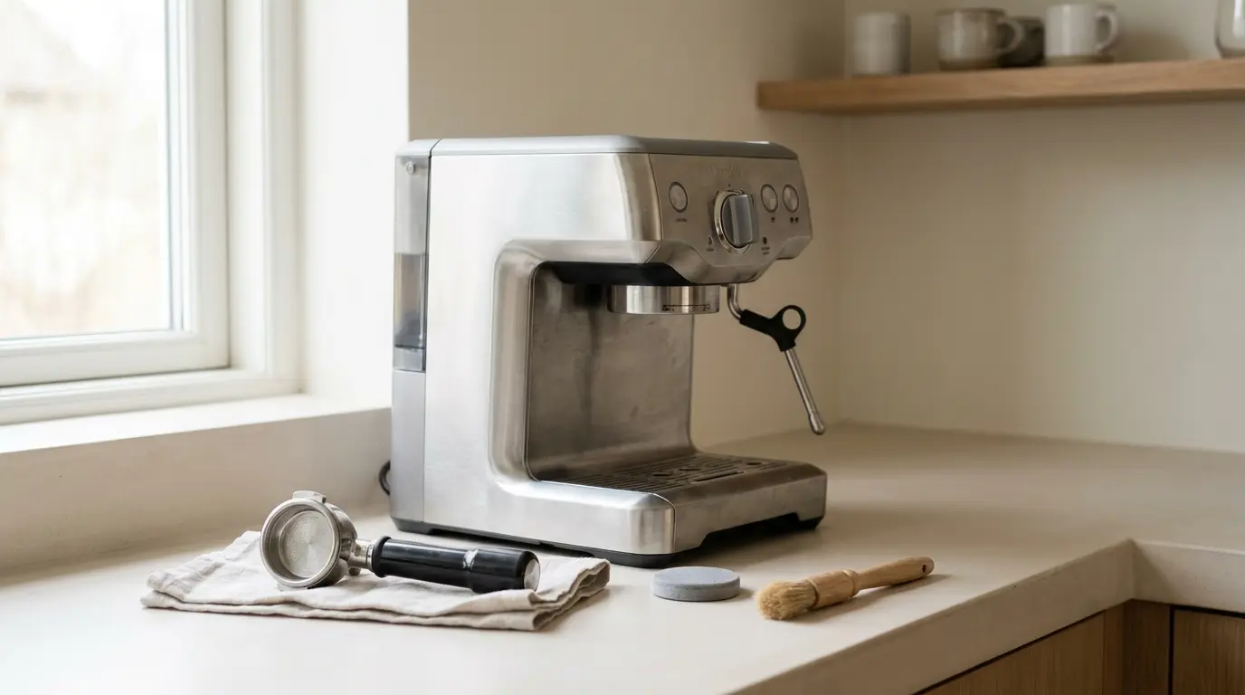 A stainless home espresso machine with its portafilter removed and set beside it on a pale counter, a cleaning disc and a small brush nearby, soft even daylight