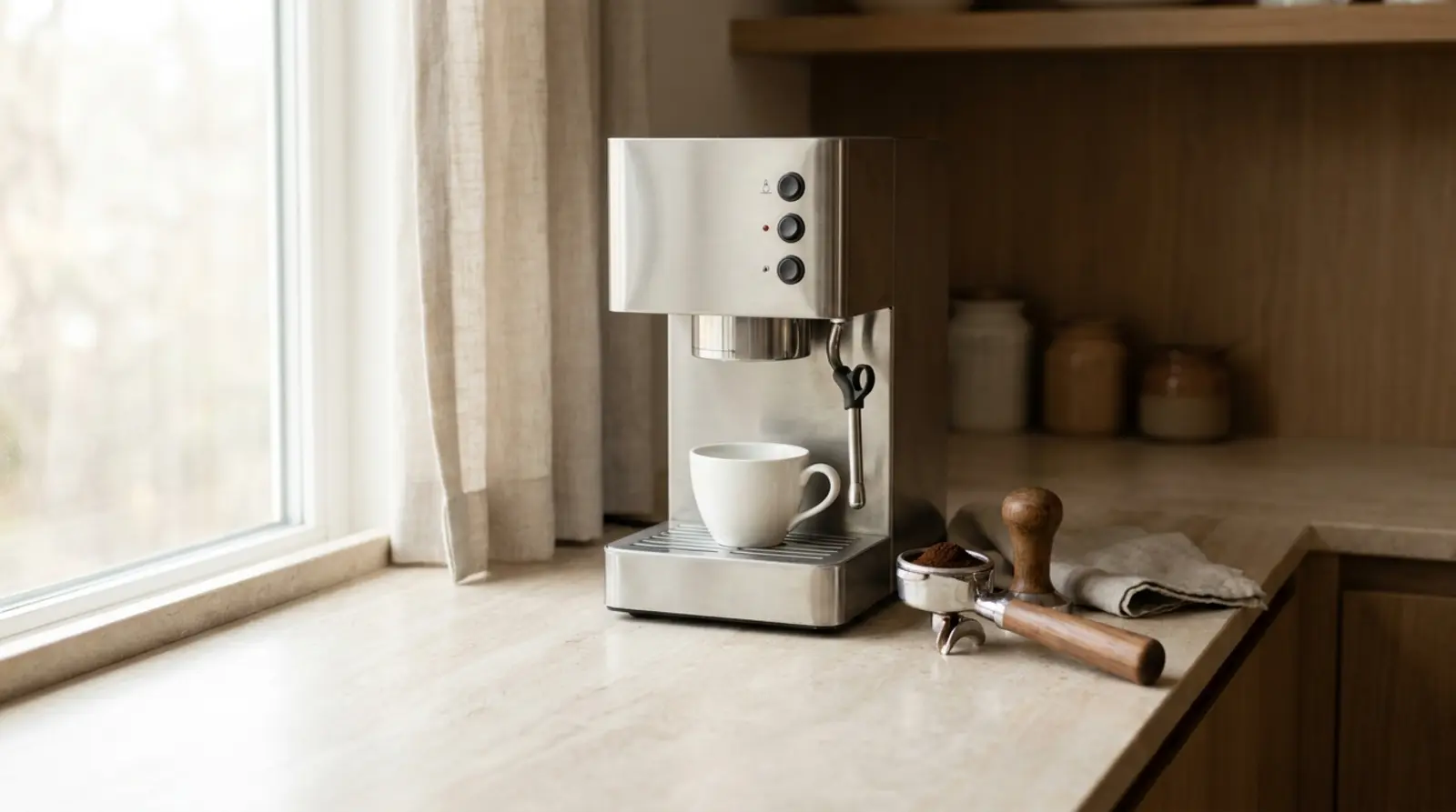 A stainless home espresso machine on a pale kitchen counter in morning light, portafilter resting beside it with a freshly tamped puck of ground coffee