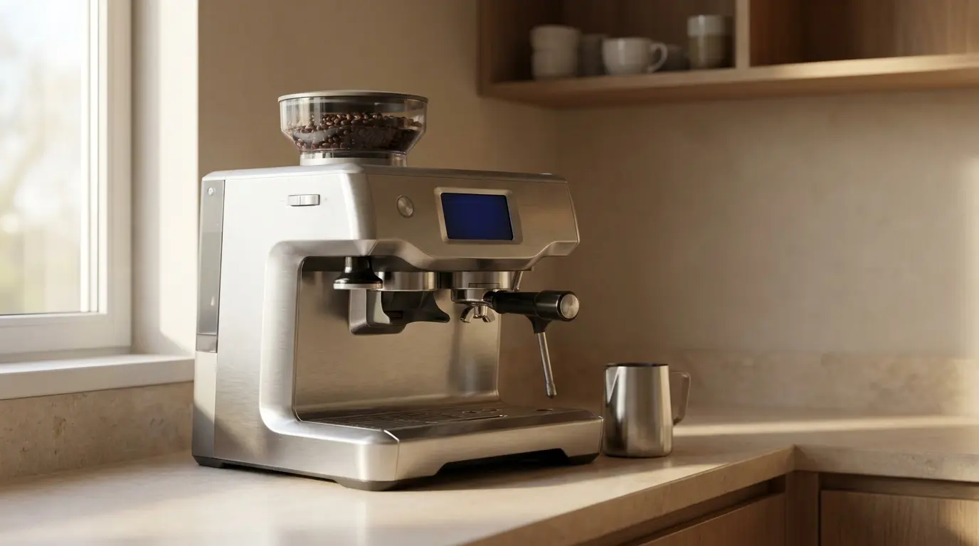 A large brushed-stainless espresso machine with a built-in bean hopper and a small dark touchscreen on a pale kitchen counter, a steel milk jug beside it, soft morning light