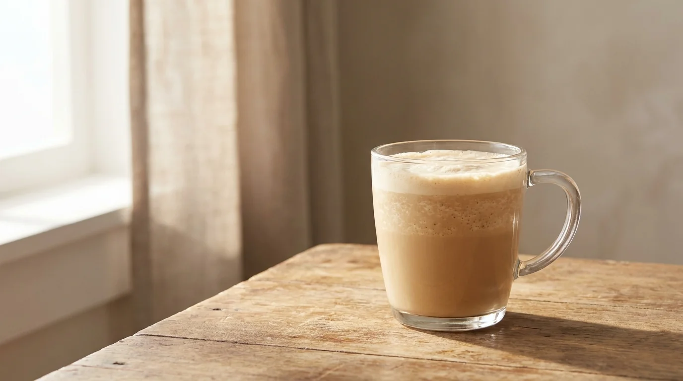 A blended creamy latte-coloured drink in a clear glass mug on a bare wooden surface with soft morning light, minimalist composition