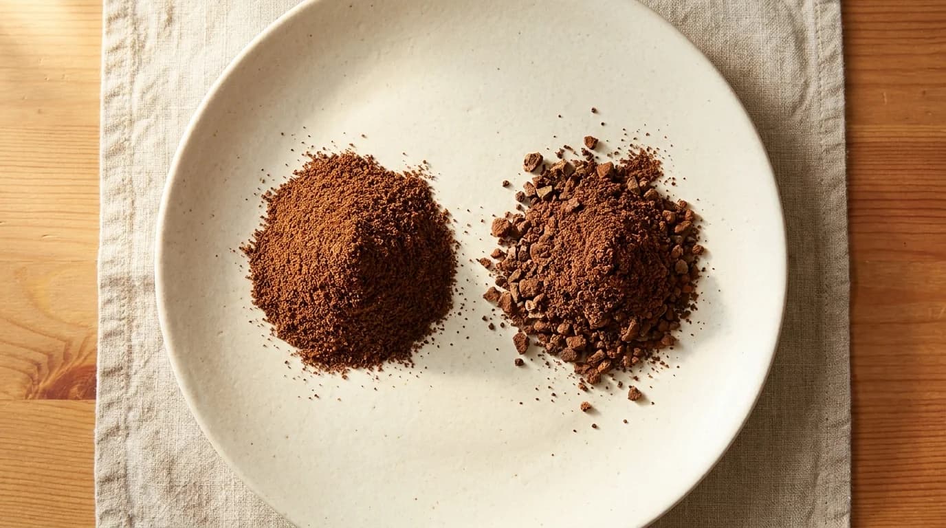 Two small piles of ground coffee side by side on a matte cream ceramic plate — one uniformly consistent and the other visibly uneven with fines and chunks, soft directional daylight from above