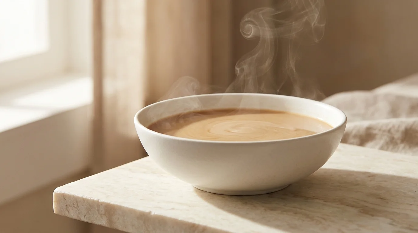 A wide white ceramic bowl of café au lait on a marble surface, steam rising gently, warm morning light from the left, minimal composition
