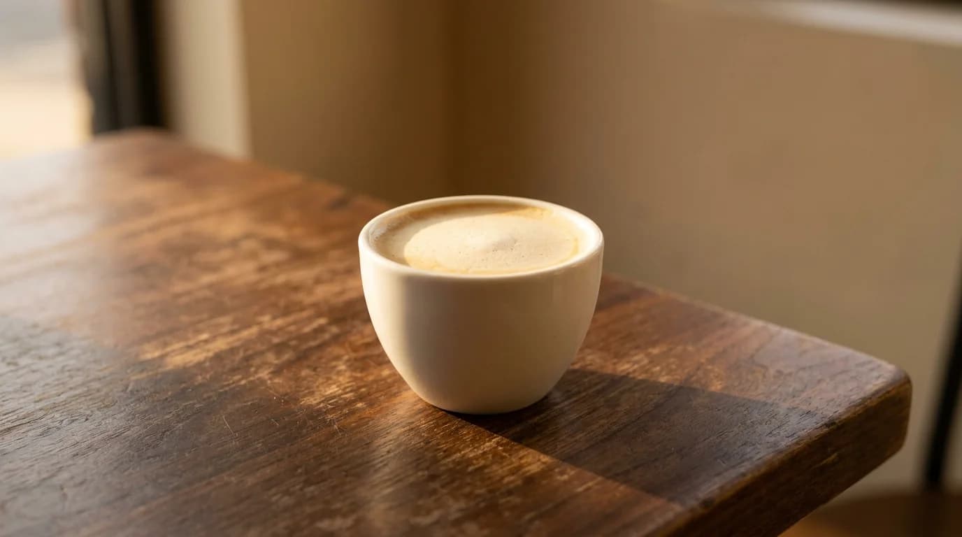 A small white ceramic cup of café cubano with a pale tan espumita foam layer on top, on a dark wooden surface, warm café light, minimalist composition