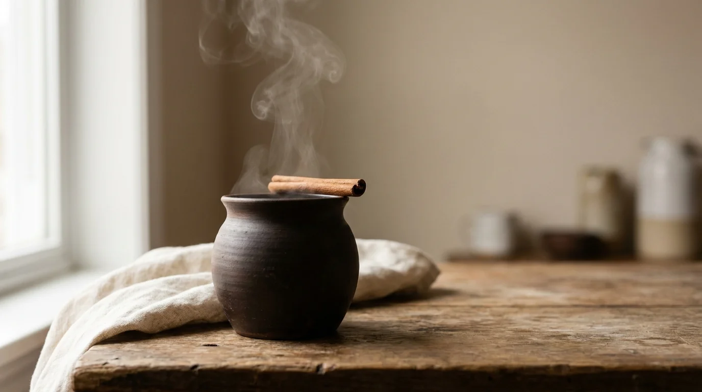 A dark earthenware clay pot with steam rising from the top, a cinnamon stick resting across the rim, warm rustic wooden surface, soft side light, minimal composition