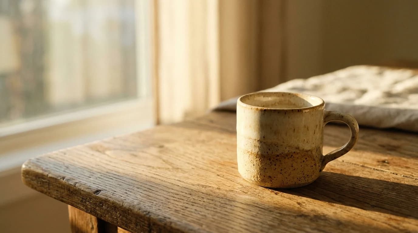 A single ceramic espresso cup on a bare wooden surface, warm golden morning light from the left, soft focus background, minimal composition