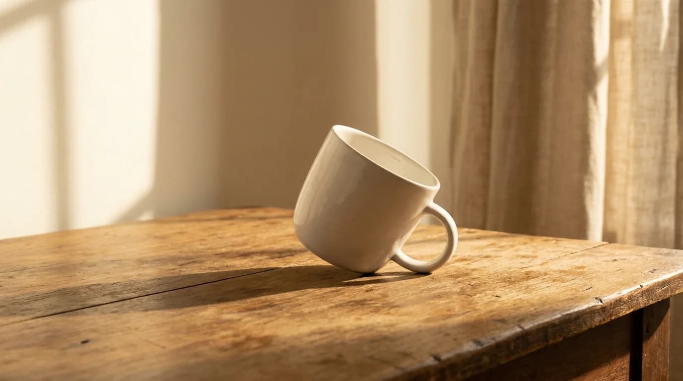 An empty white ceramic coffee mug tipped on its side on a bare wooden desk, soft late-afternoon light casting long shadows, minimalist composition