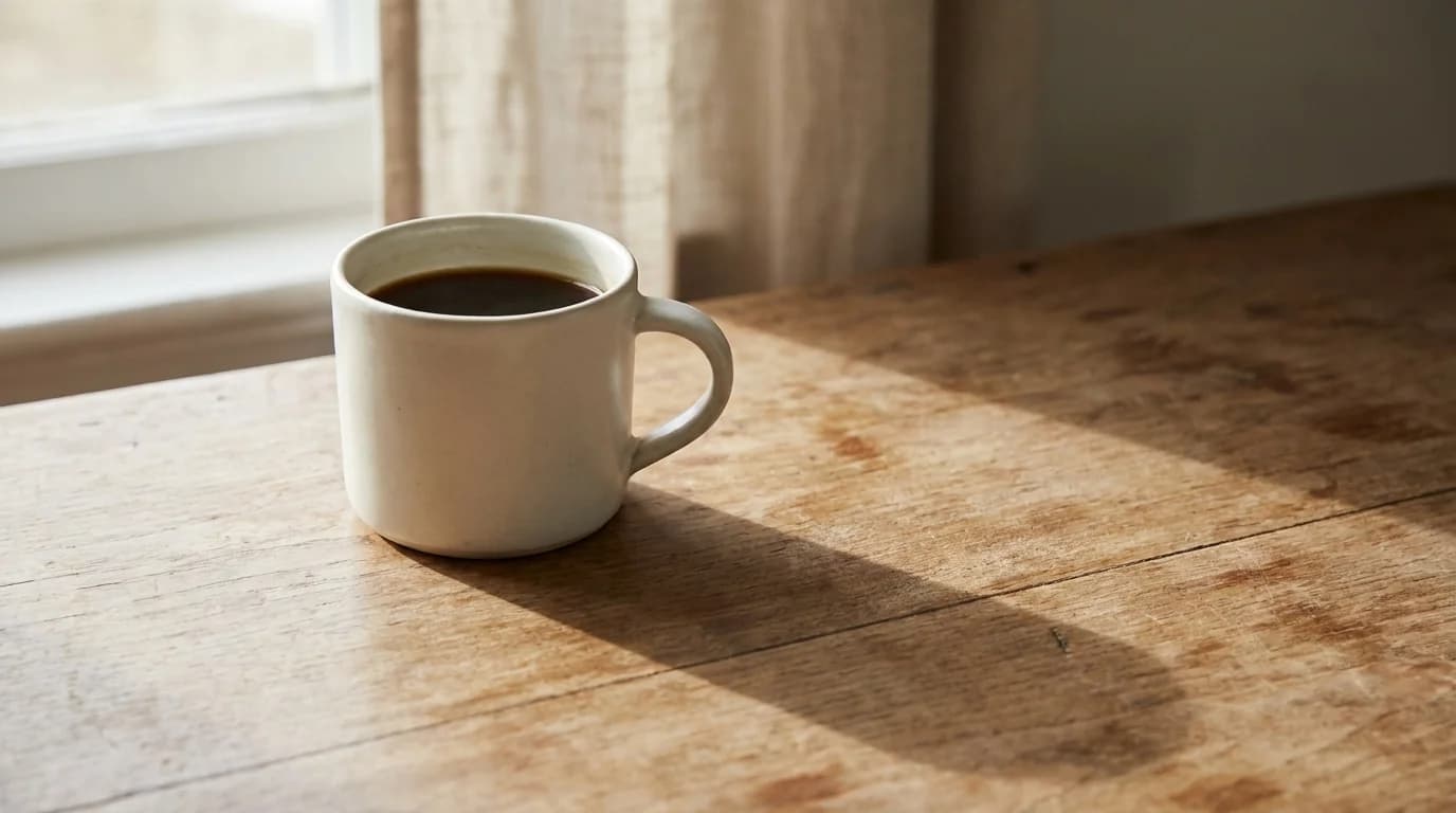 A single ceramic mug of coffee on a bare wooden surface with soft morning window light casting a long gentle shadow, minimalist composition suggesting time passing