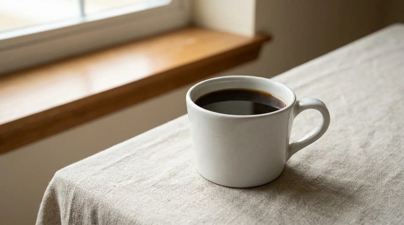 Set on a bare wooden surface, a white ceramic mug of black coffee on a bare linen surface with soft morning window light from the left, minimalist calm composition