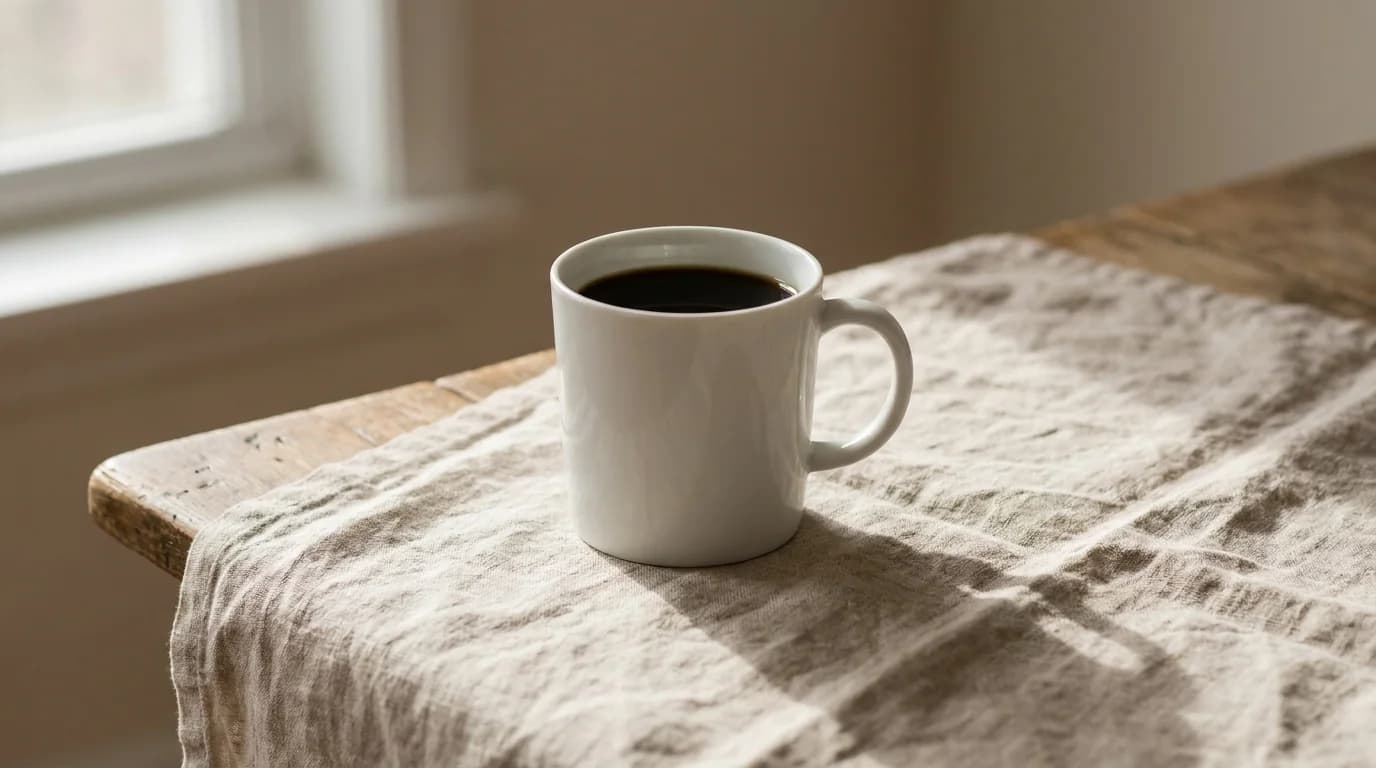 A white ceramic coffee mug rests on a bare linen surface with soft window light casting a gentle shadow, minimalist composition