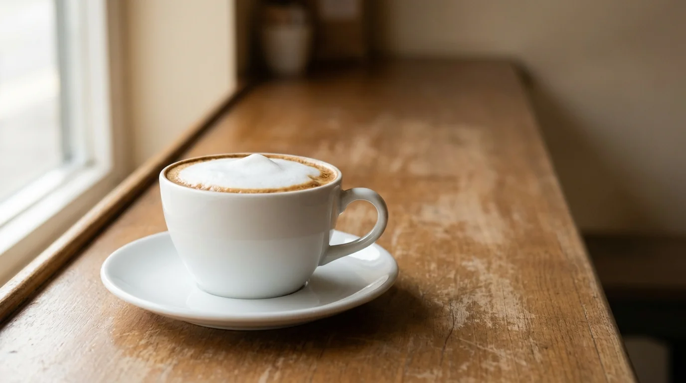 A single white ceramic cappuccino cup on a saucer holding espresso topped with a thick visible foam layer, on a wooden cafe bar, soft warm daylight