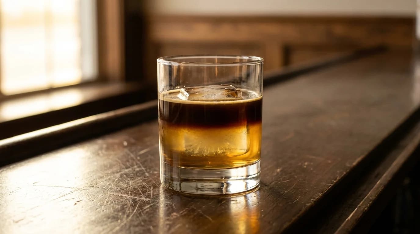 A short clear rocks glass over large ice cubes holding a two-tone carajillo cocktail, dark espresso layered above golden liqueur, on a dark wooden bar in warm evening light