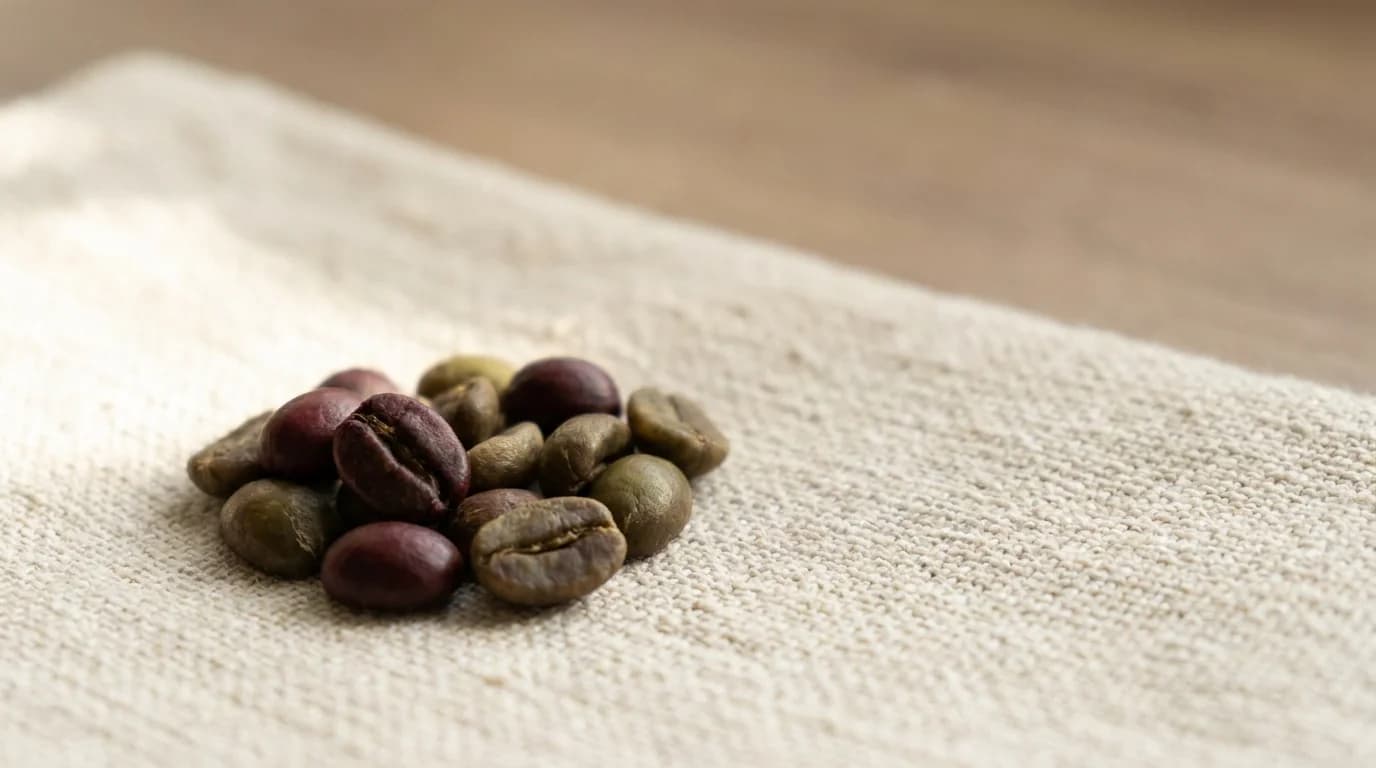 A small handful of green unroasted coffee beans on a rough textile with warm afternoon daylight, minimalist earthy composition