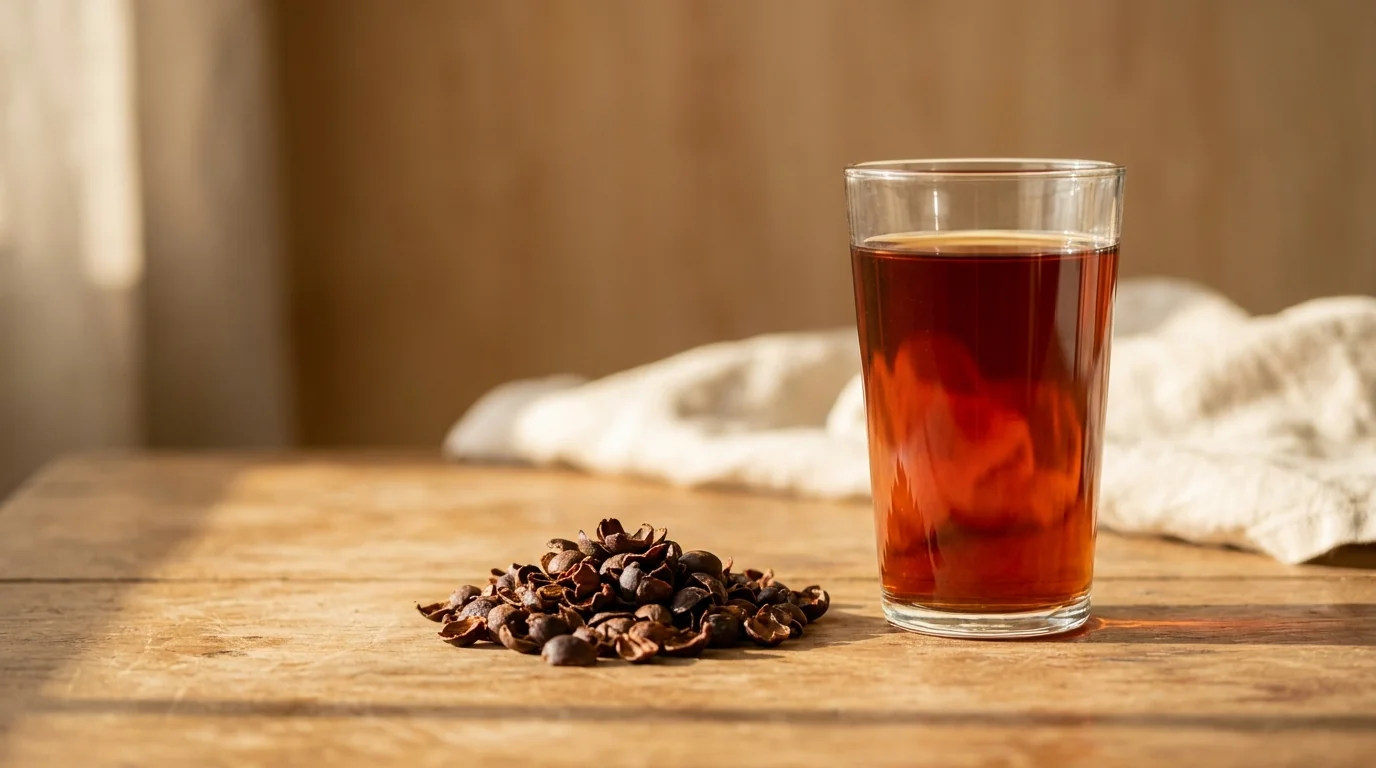 A tall clear glass of amber-red brewed cascara tea beside a small pile of dried coffee cherry husks on a bare wooden surface, warm afternoon daylight
