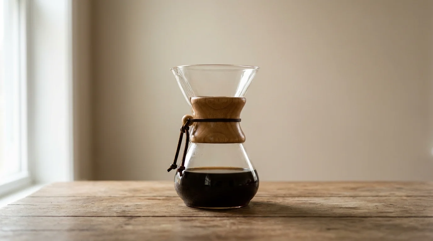 An hourglass-shaped Chemex glass carafe with a wooden collar and leather tie on a bare wooden surface, soft morning window light, minimalist composition