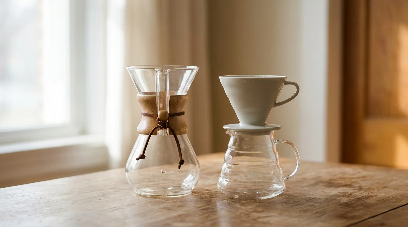 An hourglass Chemex brewer and a ceramic Hario V60 side by side on a bare wooden surface, soft morning window light, minimalist composition