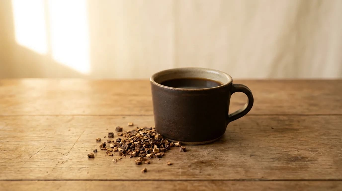A dark cup of chicory-based coffee substitute on a rustic wooden surface, soft warm daylight, minimalist composition