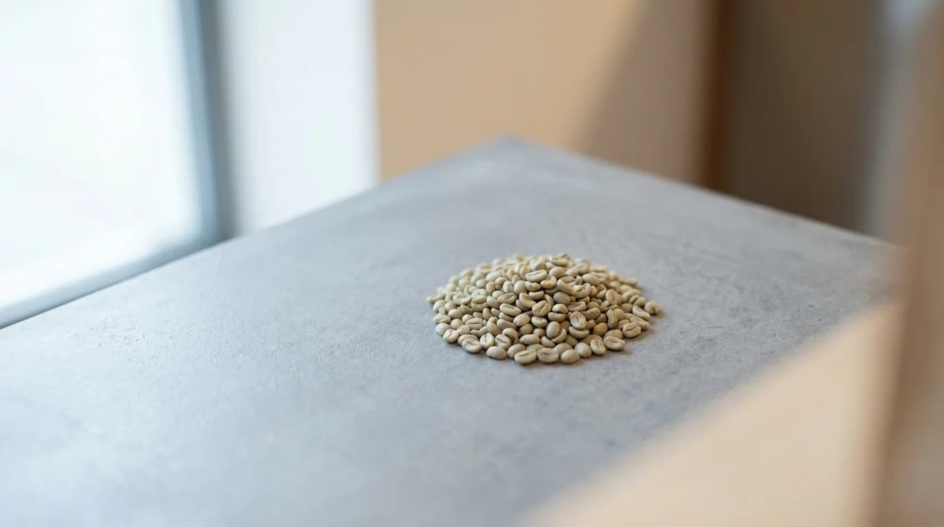 A small pile of green unroasted coffee beans on a matte grey neutral surface with a soft technical-lab feel from cool even daylight, minimalist scientific composition