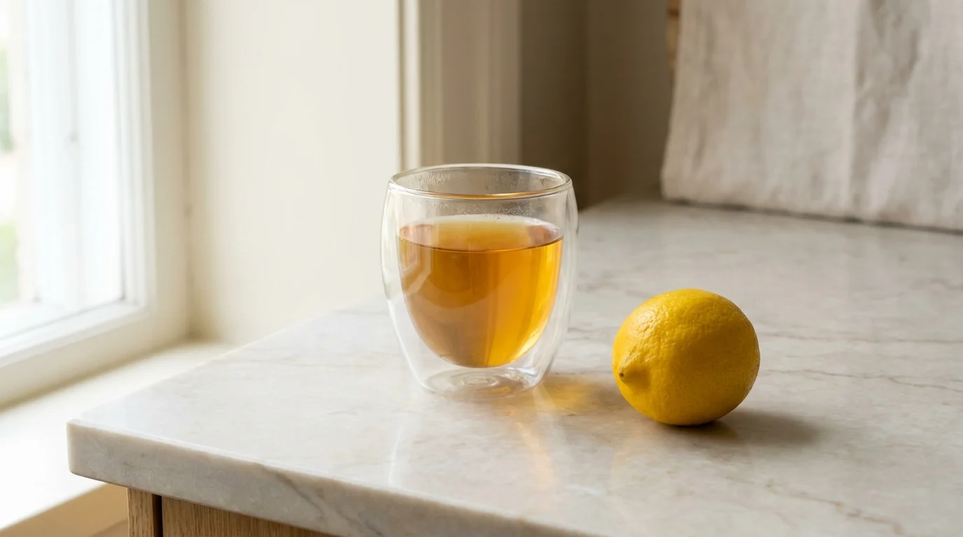 A clear glass cup of pour-over coffee on a light marble surface beside a small ripe lemon, soft daylight, minimalist composition suggesting acidity and brightness