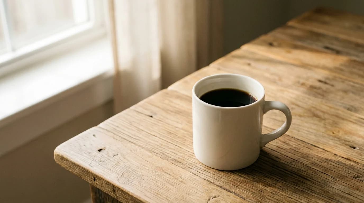 Photographed on a bare wooden surface, one white ceramic mug of black coffee on a bare wooden desk with soft morning window light, minimalist calm composition
