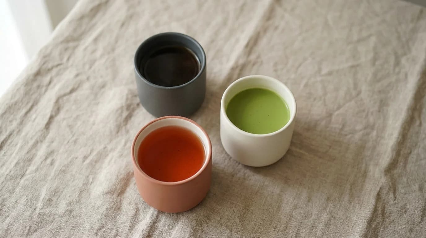 A minimalist flat lay of three small matte ceramic cups on a linen surface: dark brewed coffee, vivid green matcha, and a copper-red herbal tea