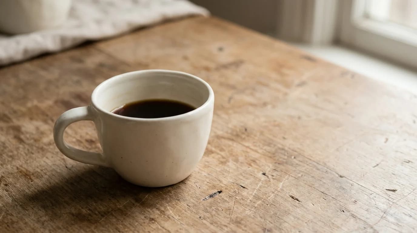 A half-full white ceramic mug of coffee on a bare wooden surface with soft neutral daylight, minimalist composition, calm mood