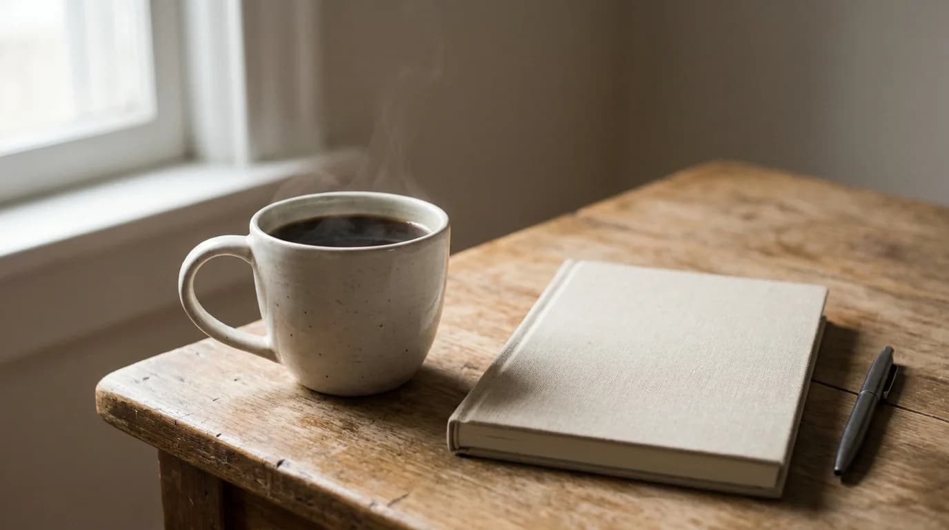 Sitting on a bare wooden surface, a white ceramic mug of black coffee on a bare wooden desk with an open notebook and pen, soft morning window light, minimalist calm composition