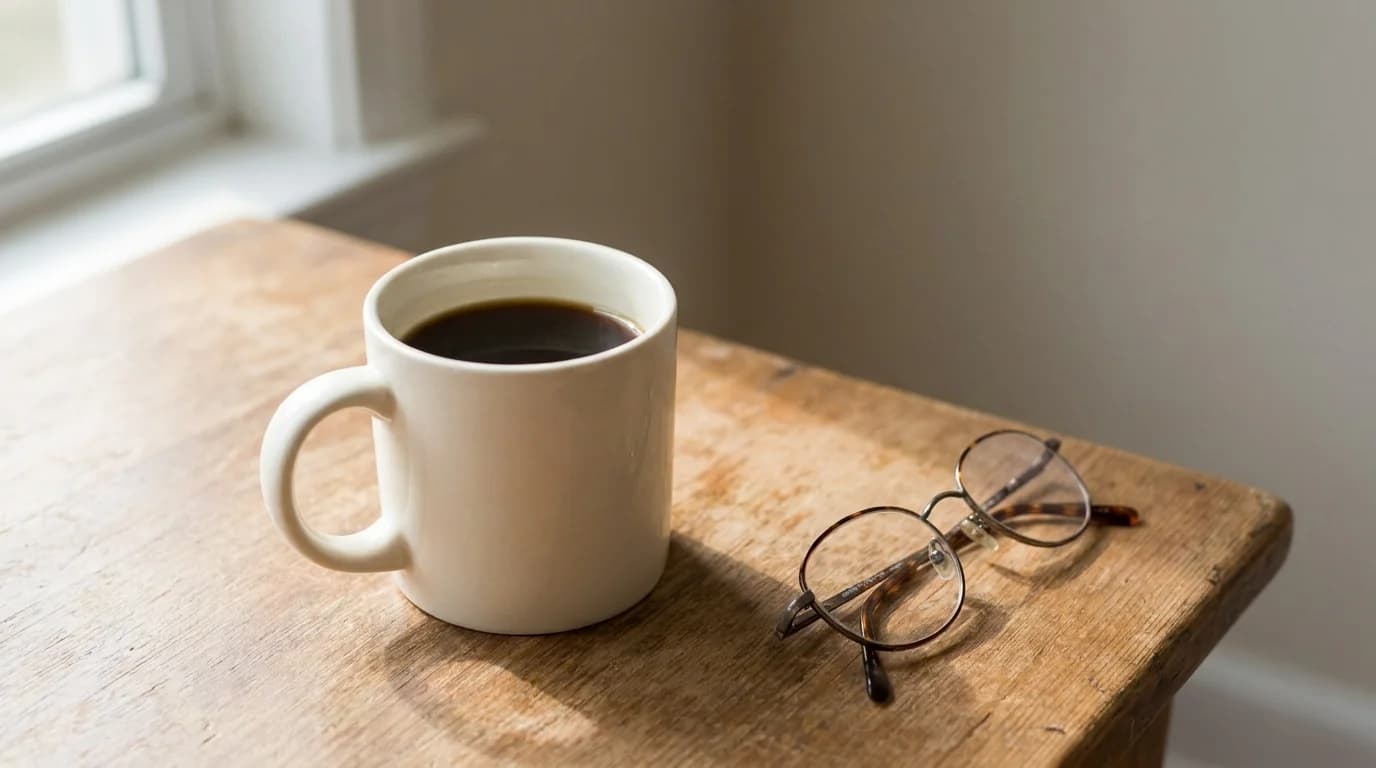A half-empty white coffee cup on a bare wooden table, soft neutral light, quiet composition suggesting a moment of pause