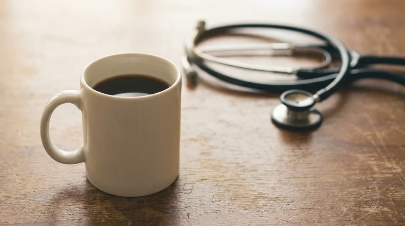 A single ceramic cup of black coffee on a wooden table, soft morning light, minimalist composition