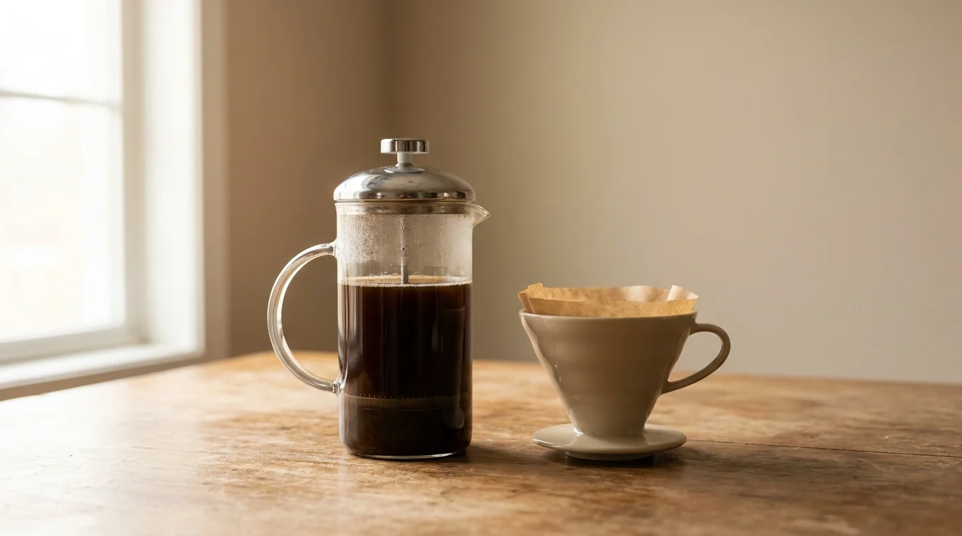 A French press and a paper-filter pour-over side by side on a bare wooden surface, soft morning window light, minimalist composition