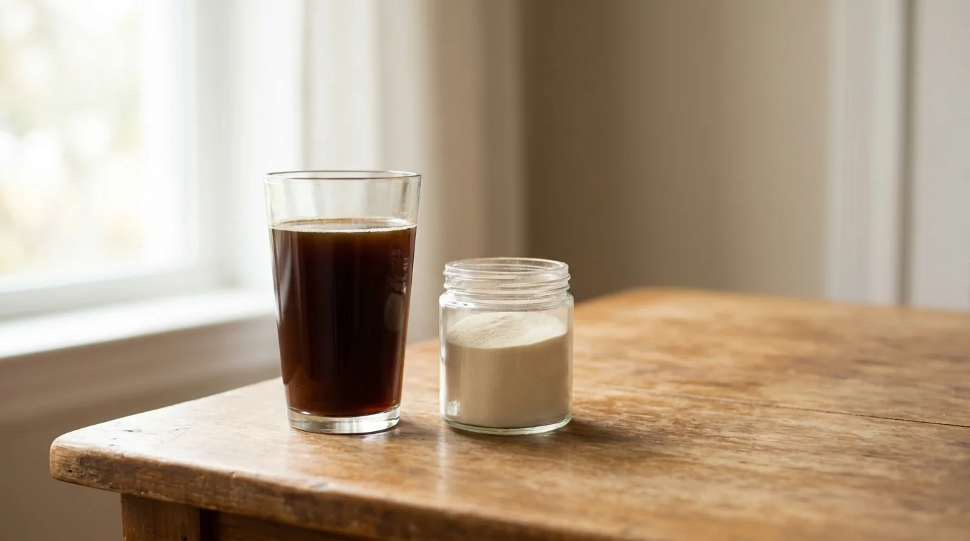 A tall clear glass of coffee with a small glass jar of pale powder beside it on a bare wooden surface with soft morning window light, minimalist composition