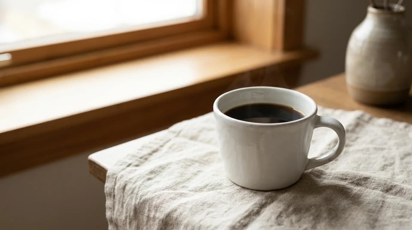 A plain white ceramic mug of black coffee positioned on a bare linen surface, soft morning window light, minimalist composition, calm reflective mood