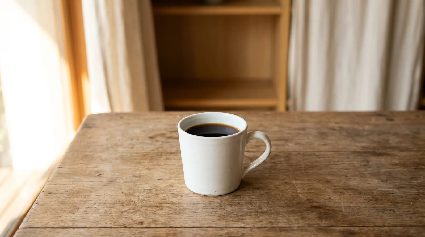 One plain white mug filled with dark coffee, resting on a bare wooden surface with soft morning window light, minimalist calm composition